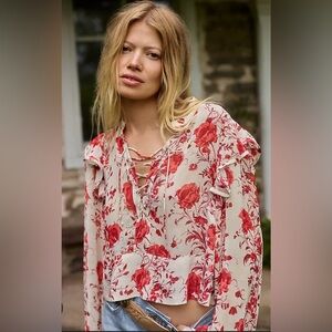 Anthropologie NWT | Maeve Long-sleeve Ruffled Sheer Blouse Pink Floral | XXS